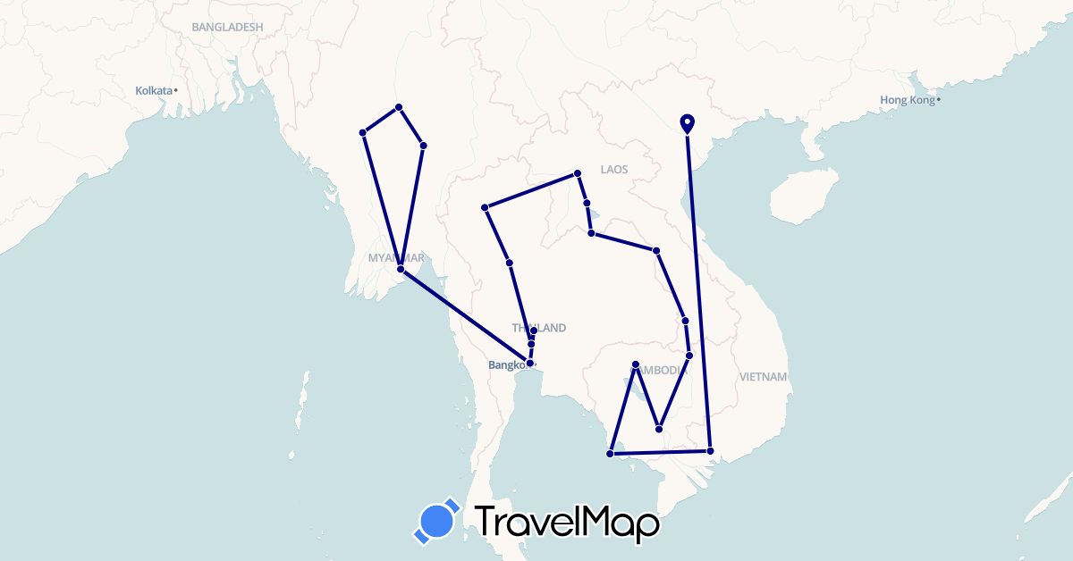 TravelMap itinerary: driving in Cambodia, Laos, Myanmar (Burma), Thailand, Vietnam (Asia)